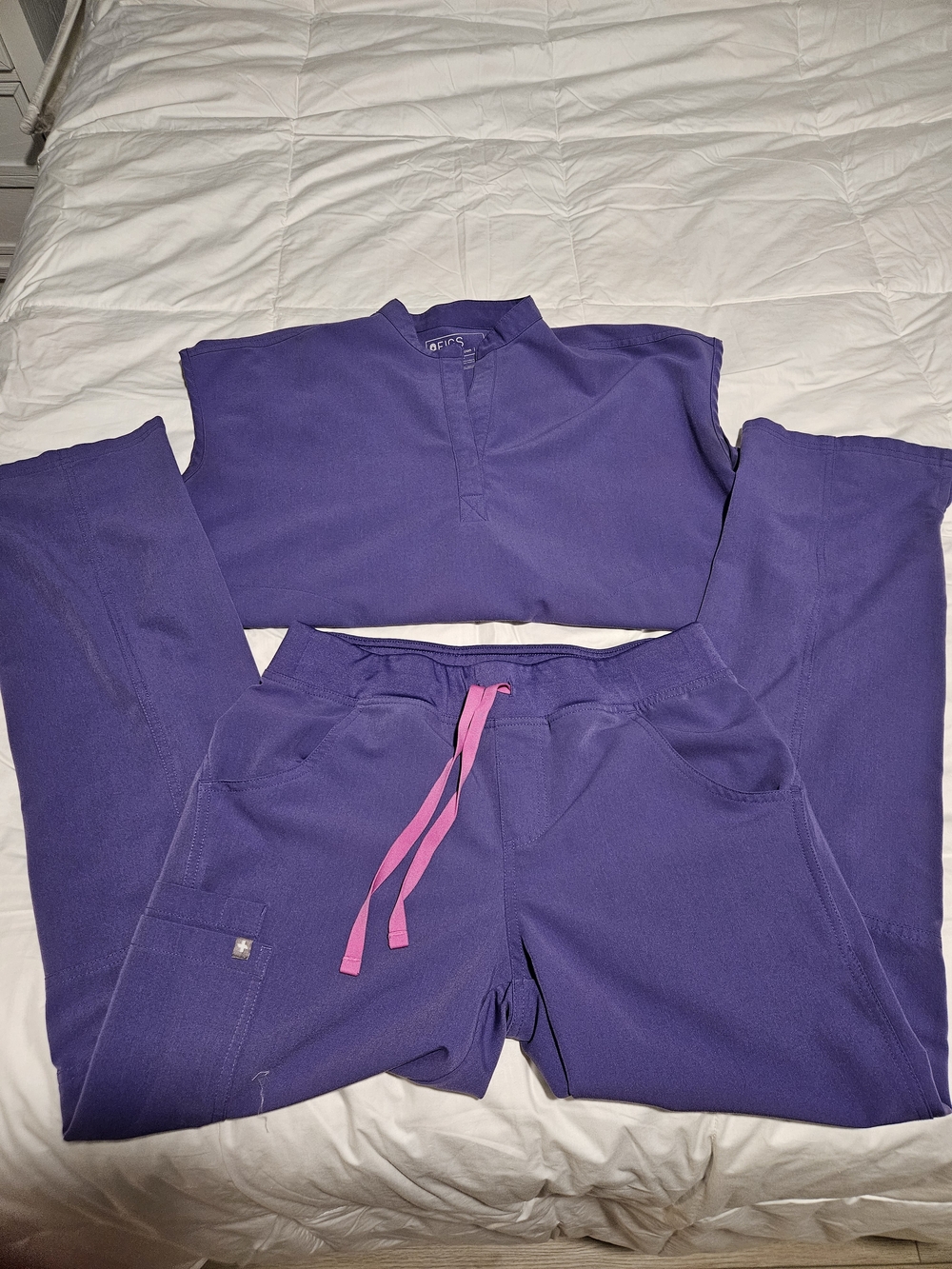 Figs Women's Purple Scrub Set with Pink Drawstring